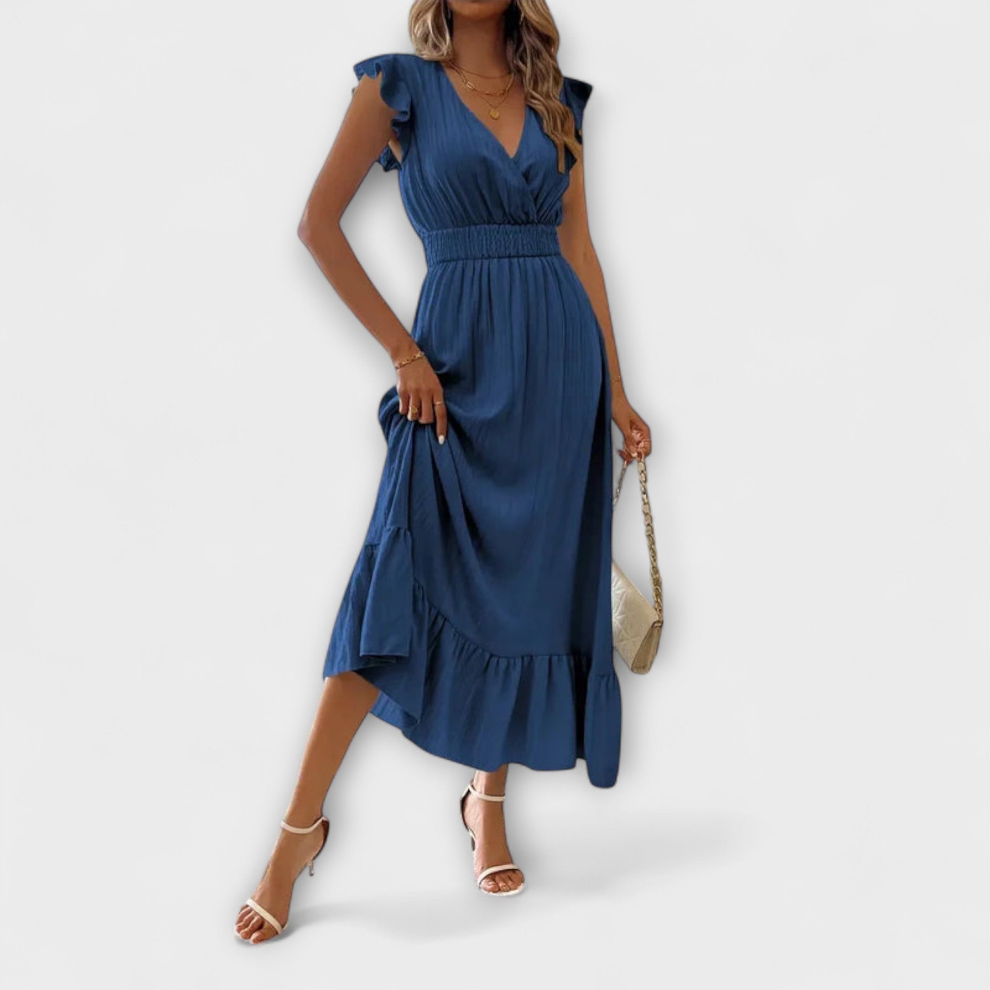 Poet - Grünes Maxikleid mit Rüschen und V-Ausschnitt