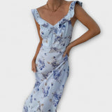 Gelbes Maxikleid mit floralem Druck und V-Ausschnitt