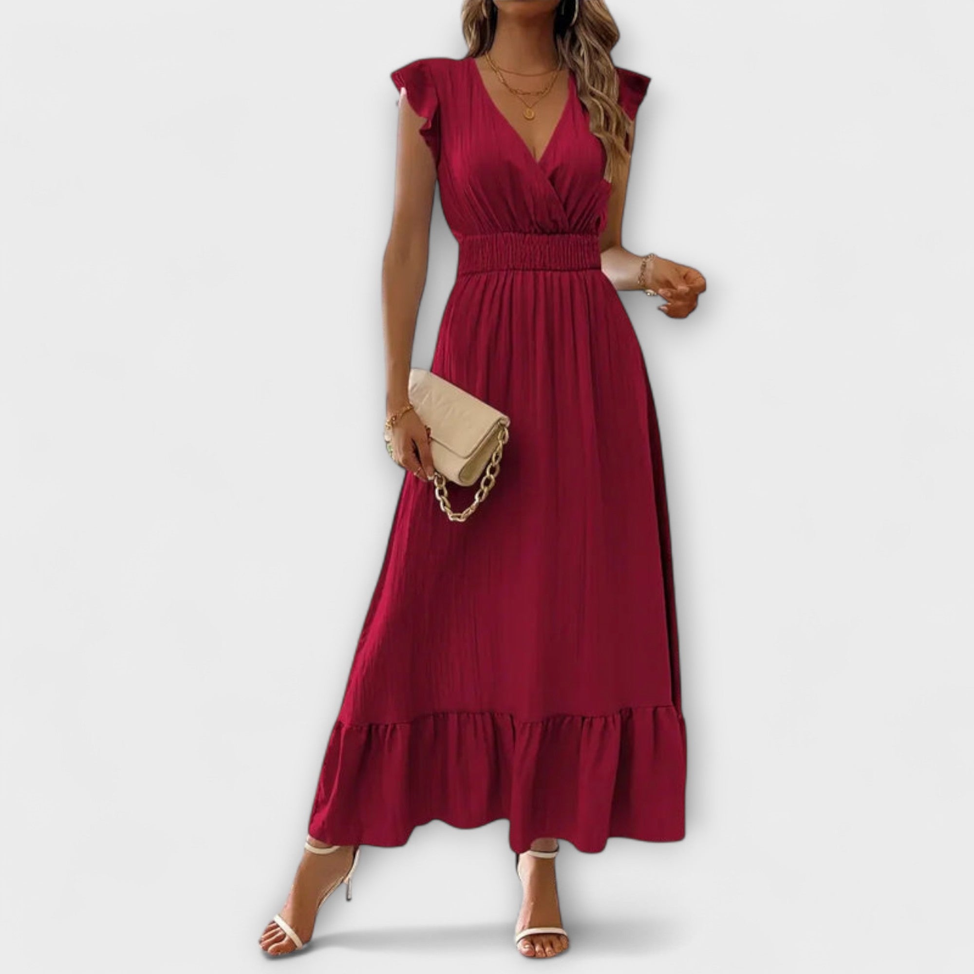 Poet - Grünes Maxikleid mit Rüschen und V-Ausschnitt