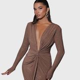 Thea - Braunes Maxikleid mit tiefem V-Ausschnitt