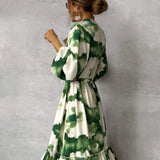 Gabriela - Grün-weisses elegantes Langkleid