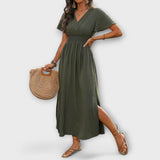 Heather - Olivgrünes Boho-Kleid mit Schlitz