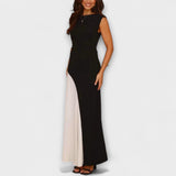 Isabel - Schwarz-cremes Maxikleid mit Farbblock