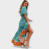 Sirva - Türkises Boho-Maxikleid mit Blütenmuster