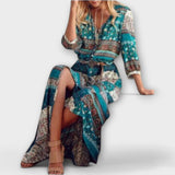 Cariba - Robe midi bohème bleue à motif