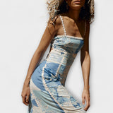 Terazza - Blau-weisses Leinen-Maxikleid mit Print