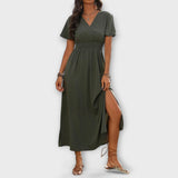 Heather - Olivgrünes Boho-Kleid mit Schlitz