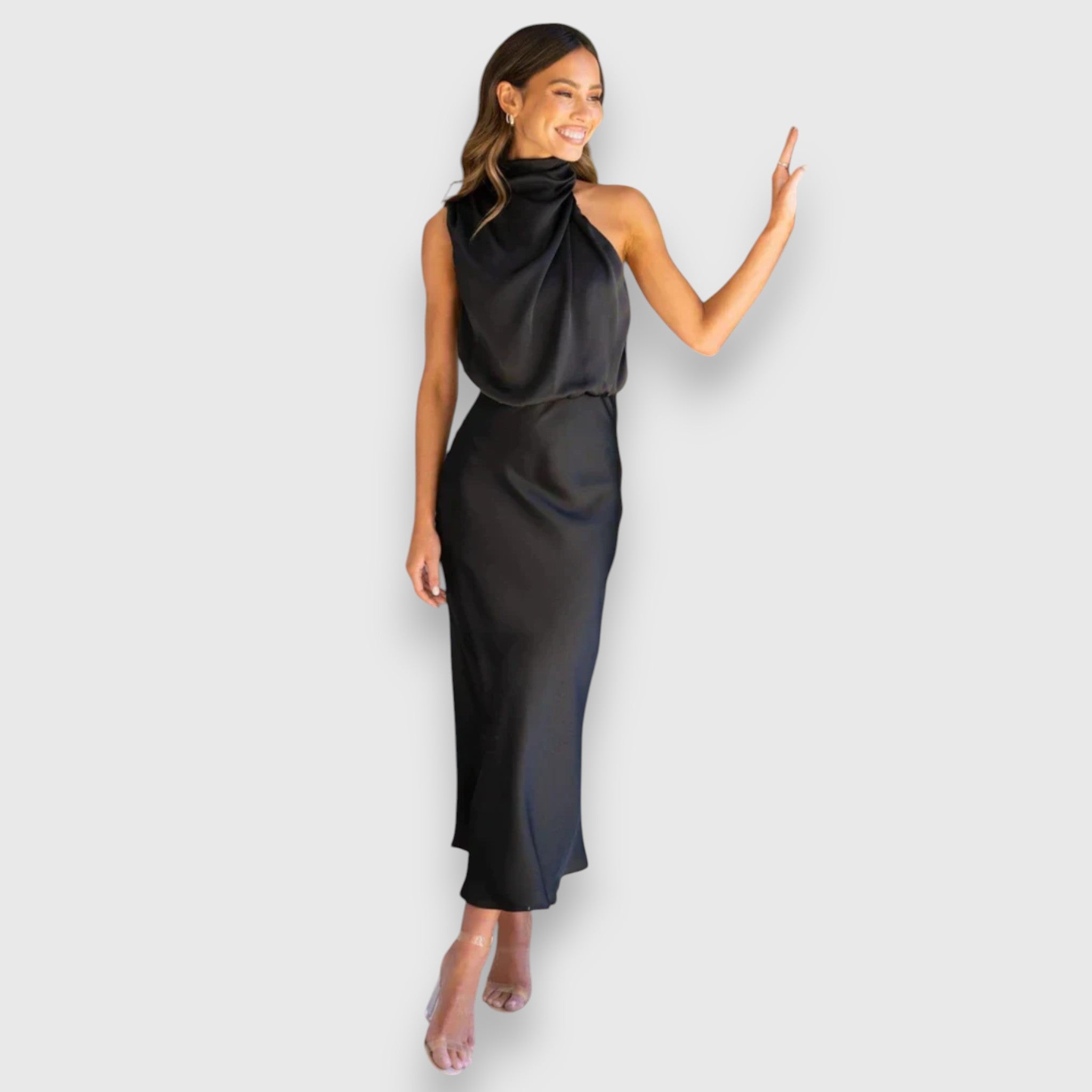 Zenaida - Cremefarbenes Satinkleid mit Neckholder