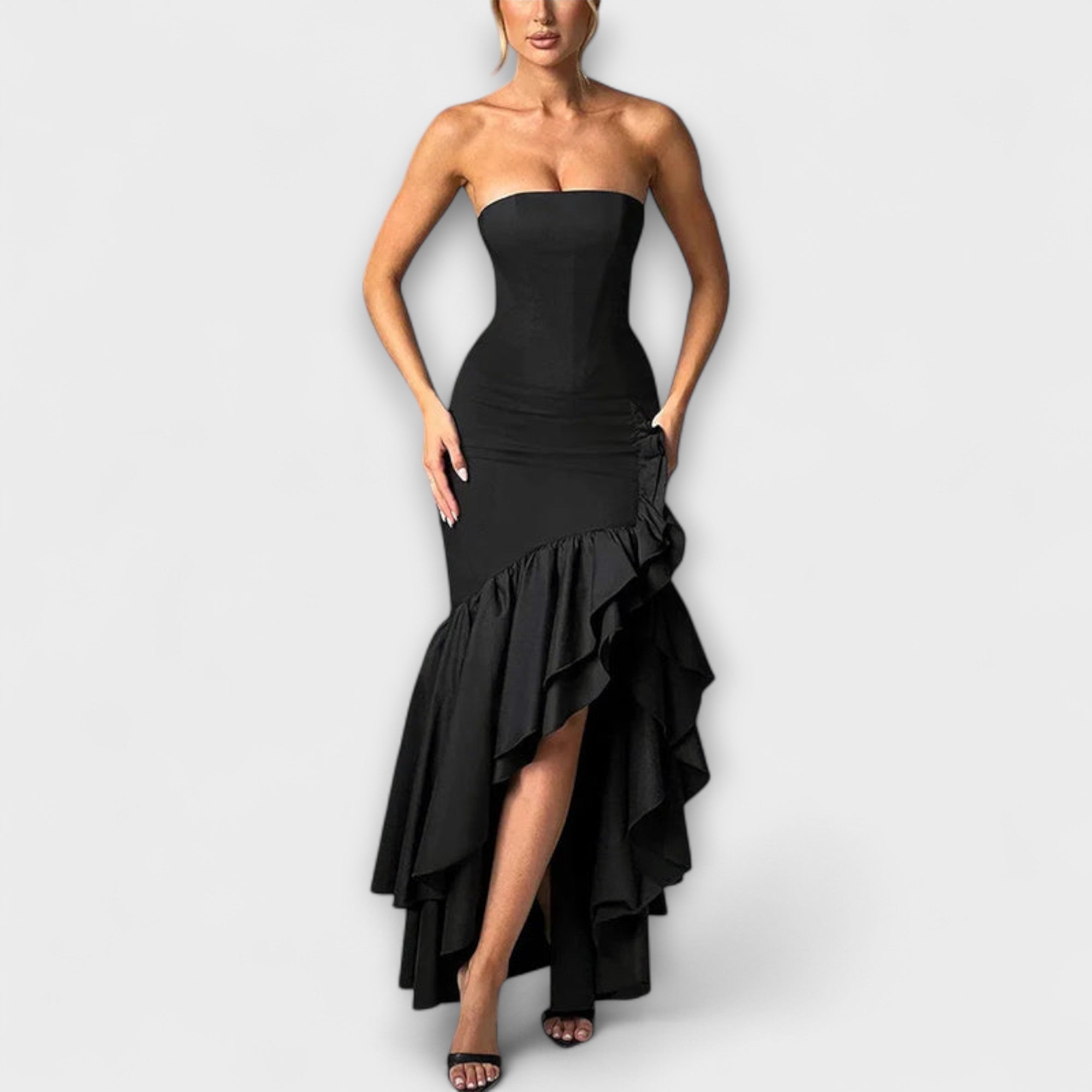 Zuri - Rosa Off-Shoulder-Maxikleid mit Rüschen