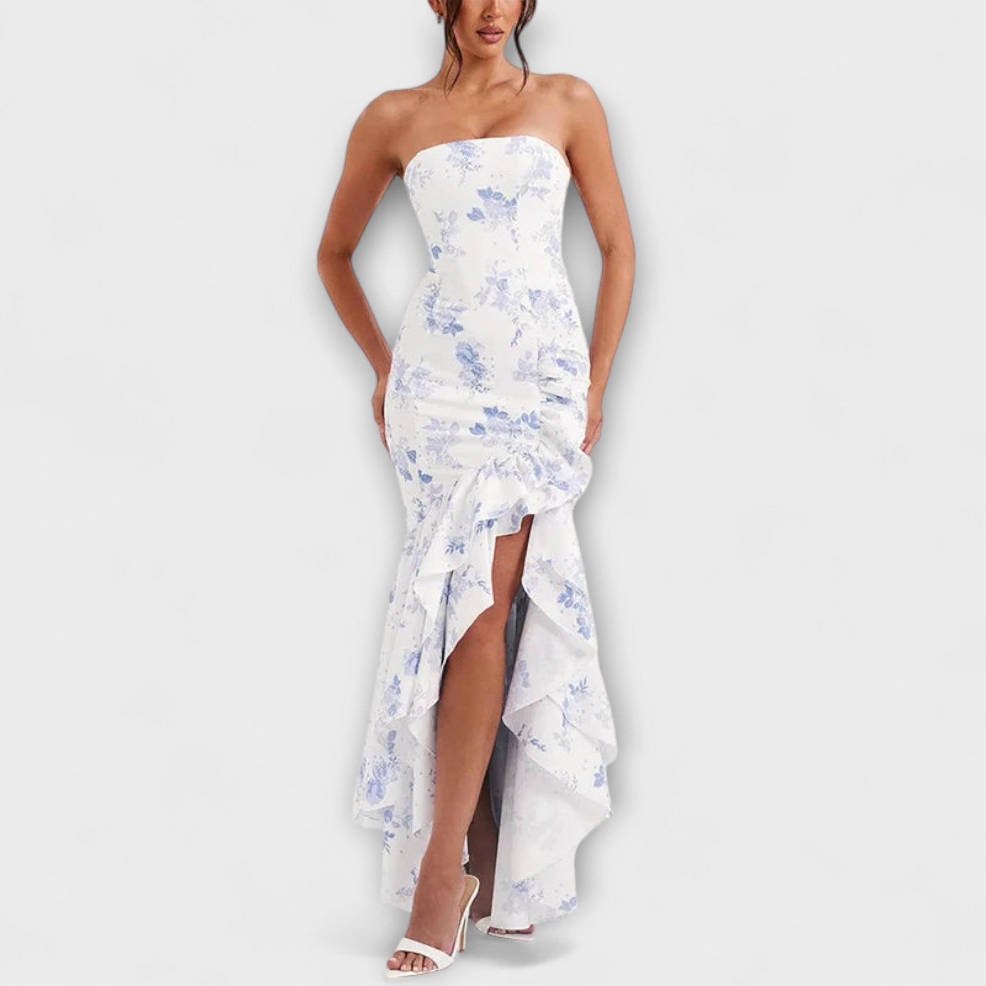 Zuri - Rosa Off-Shoulder-Maxikleid mit Rüschen