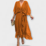 Amoura - Robe en mousseline vert olive à col en V