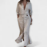 Jeanette - Cremefarbenes Maxikleid mit V-Ausschnitt
