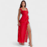 Lara - Bordeauxrotes Maxikleid mit Schlitz