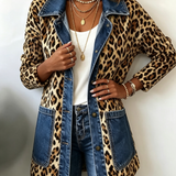 Fablenne™ | Veste Longue Imprimé Léopard Contraste Denim