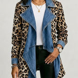 Sherilyn™ | Veste Mi-Longue Imprimé Léopard Empiècements Denim Délavé