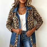 Fablenne™ | Veste Longue Imprimé Léopard Contraste Denim