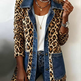 Fablenne™ | Veste Longue Imprimé Léopard Contraste Denim