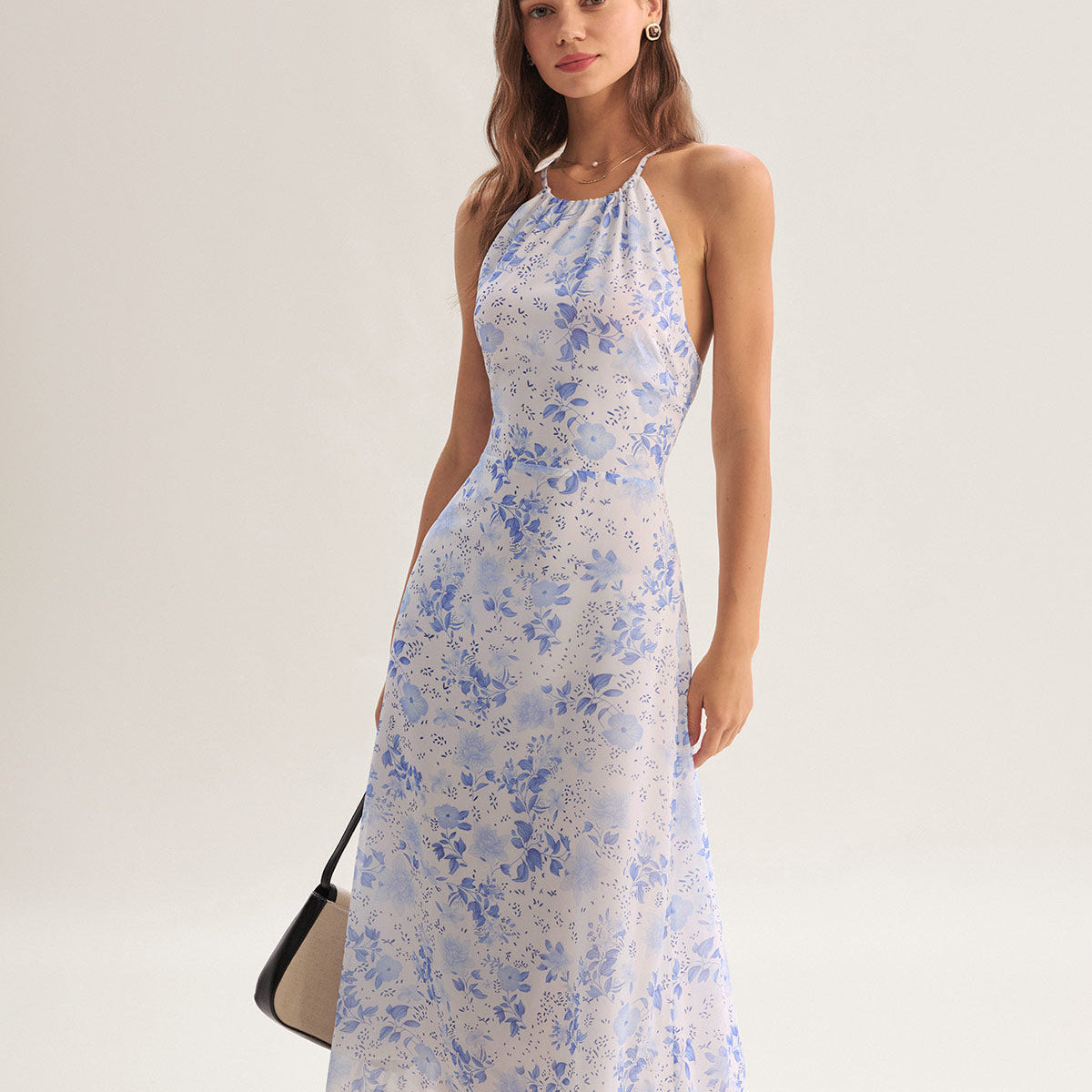 Clarice - Robe midi bleue à motif floral