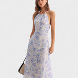 Clarice - Robe midi bleue à motif floral