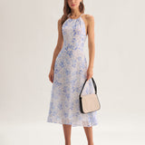 Clarice - Robe midi bleue à motif floral