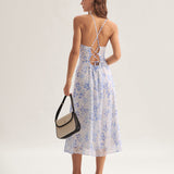 Clarice - Robe midi bleue à motif floral