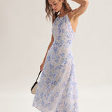 Clarice - Robe midi bleue à motif floral