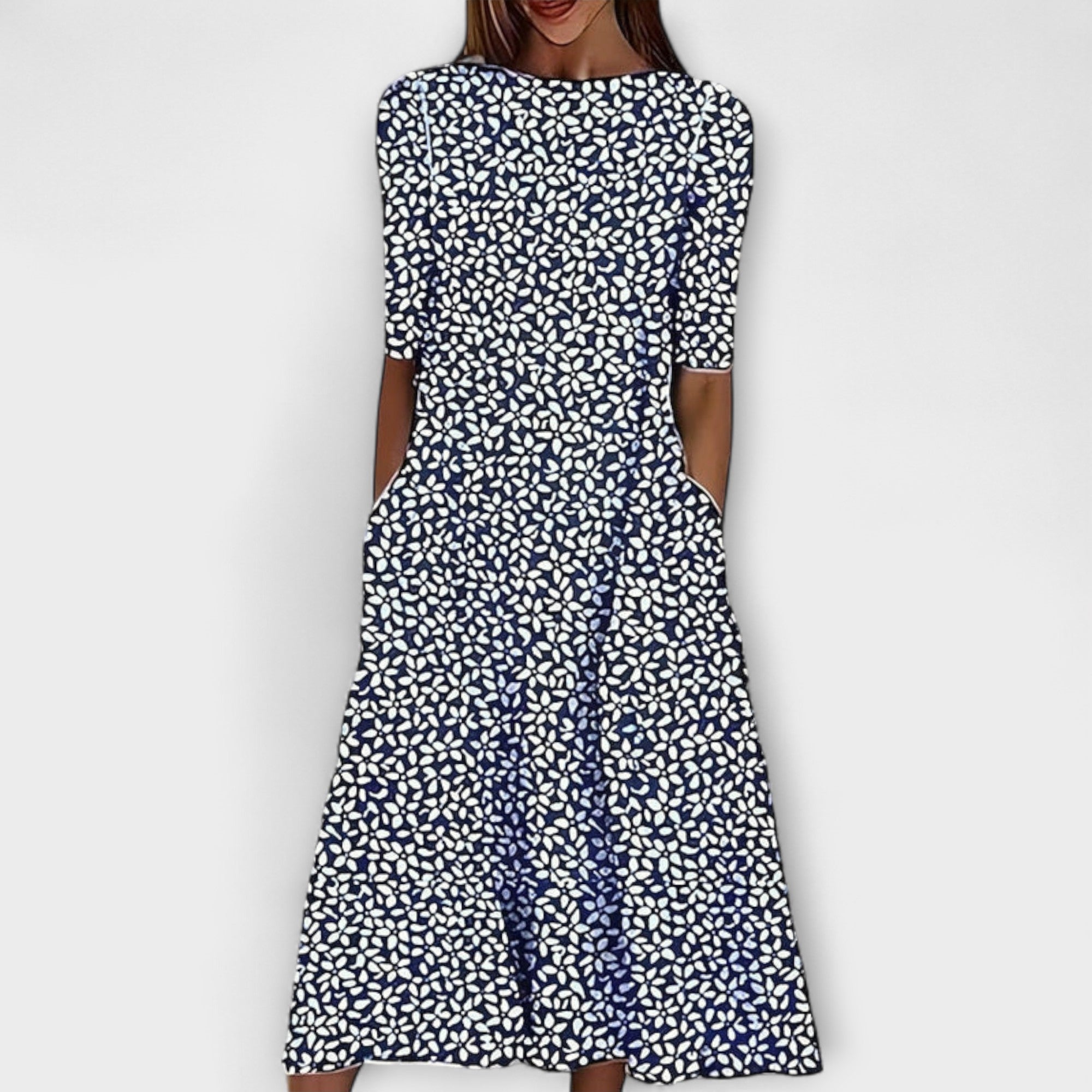 Adelina - Robe blanche à motif floral bleu
